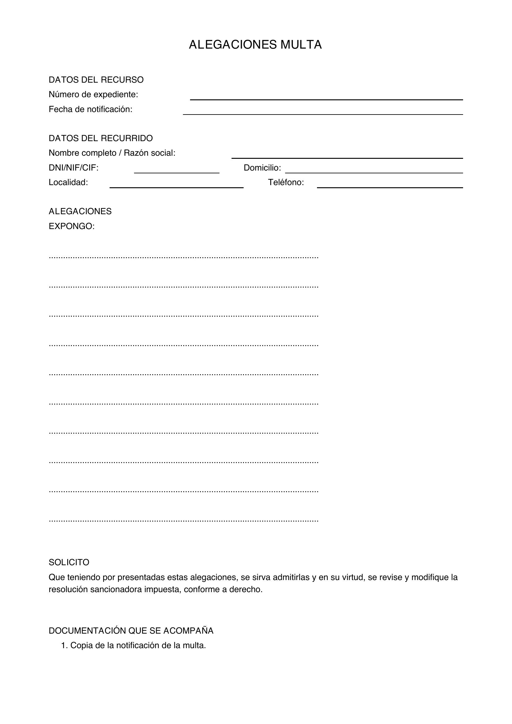 Modelo Escrito De Alegaciones Multa