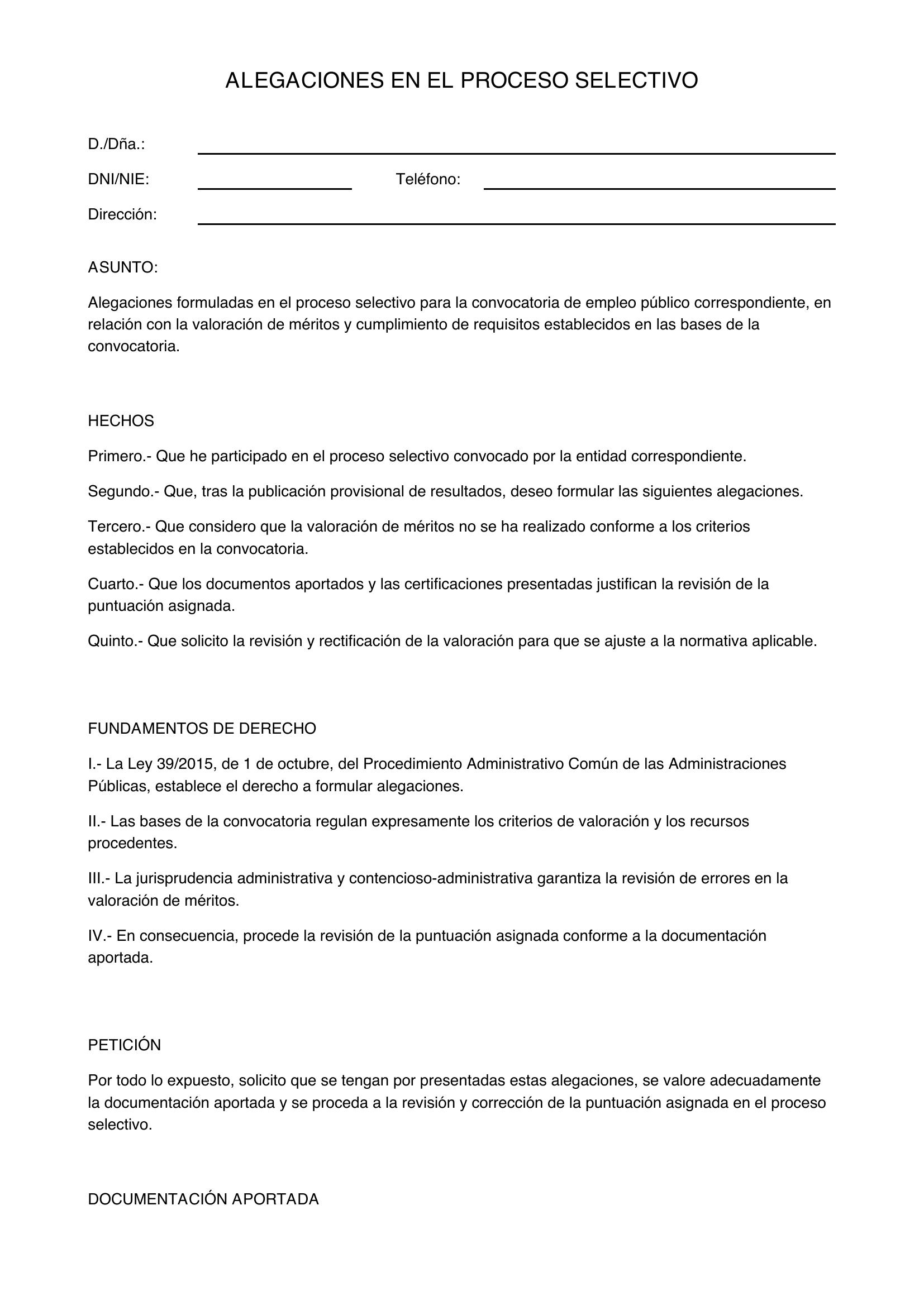 Modelo Alegaciones Proceso Selectivo