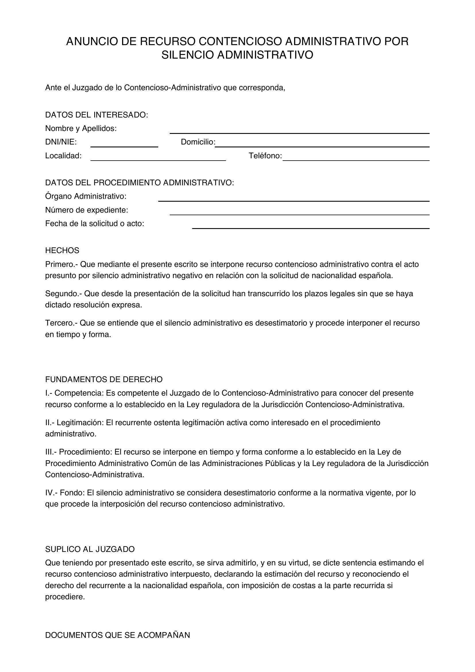 Modelo Anuncio Recurso Contencioso Administrativo Por Silencio Administrativo Nacionalidad