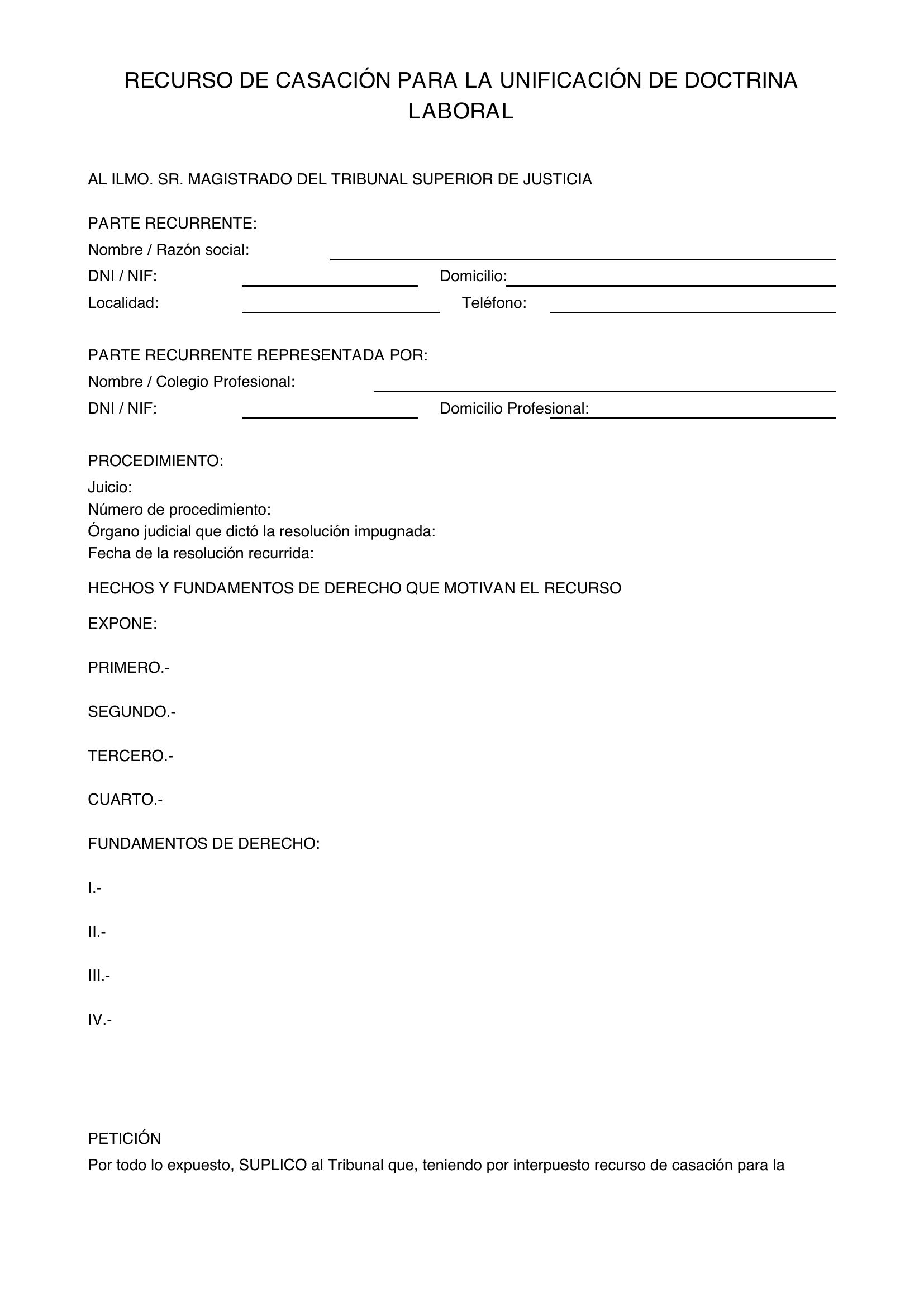 Modelo Escrito Preparación Recurso Casación Unificación Doctrina Laboral
