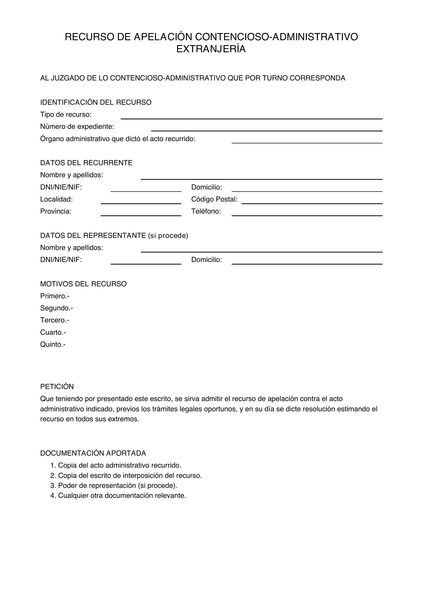 Modelo Recurso Apelación Contencioso-Administrativo Extranjería