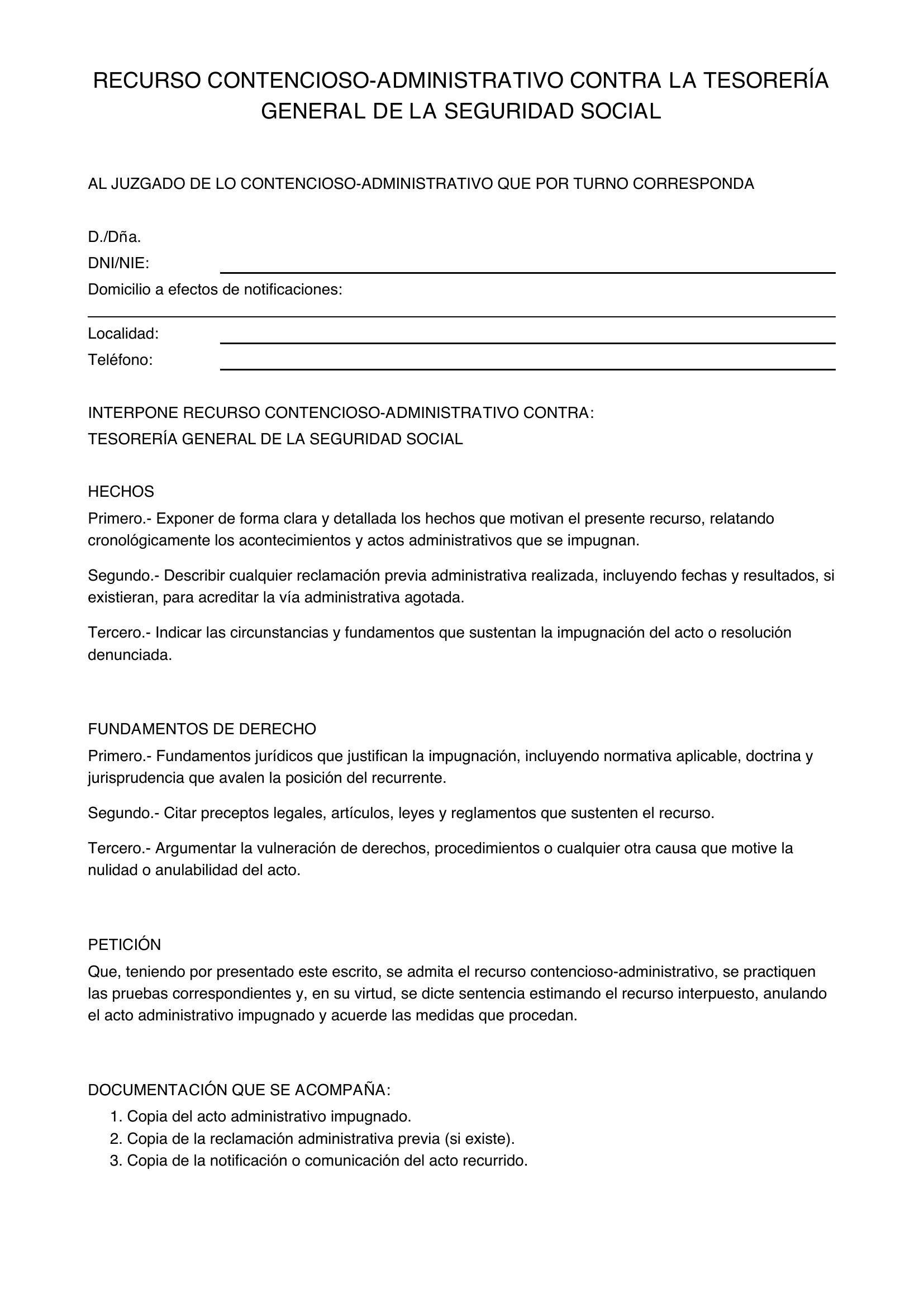 Modelo Recurso Contencioso-Administrativo Contra La Tesorería General De La Seguridad Social