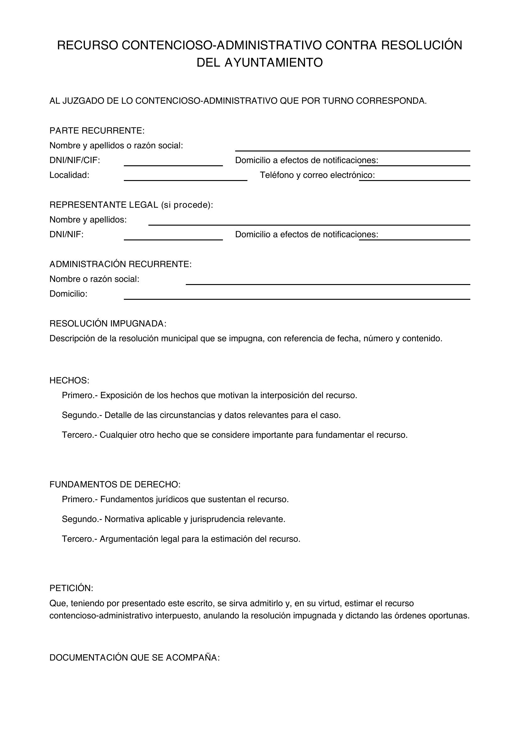 Modelo Recurso Contencioso-Administrativo Contra Resolución Ayuntamiento