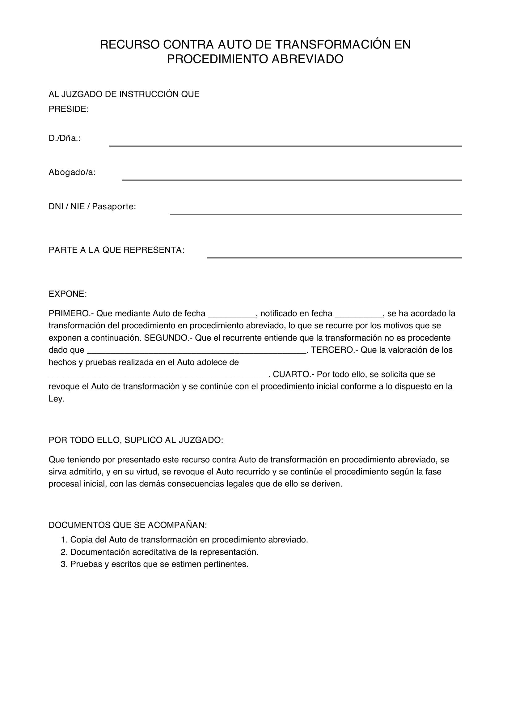 Modelo Recurso Contra Auto De Transformación En Procedimiento Abreviado
