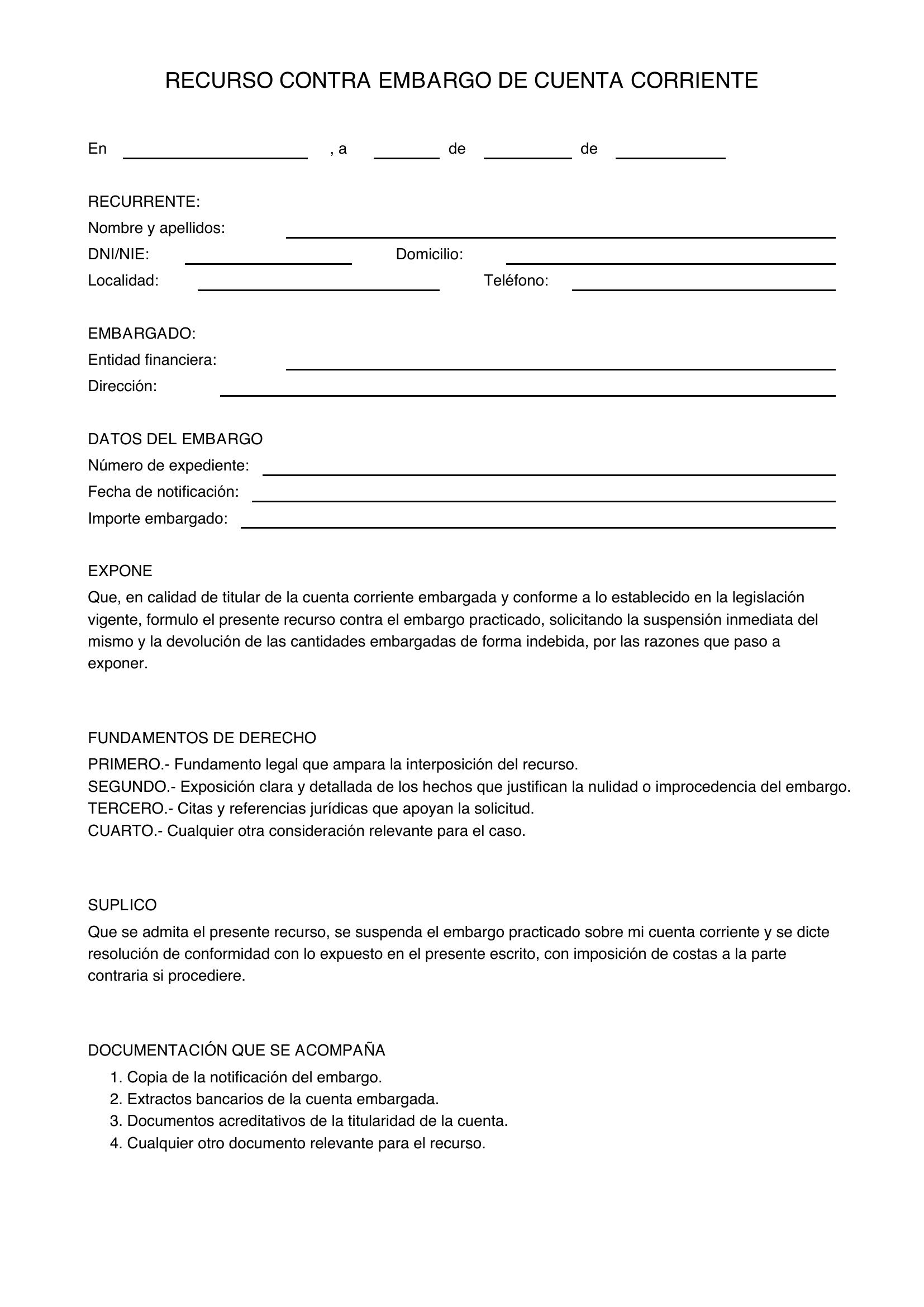 Modelo Recurso Contra Embargo De Cuenta Corriente