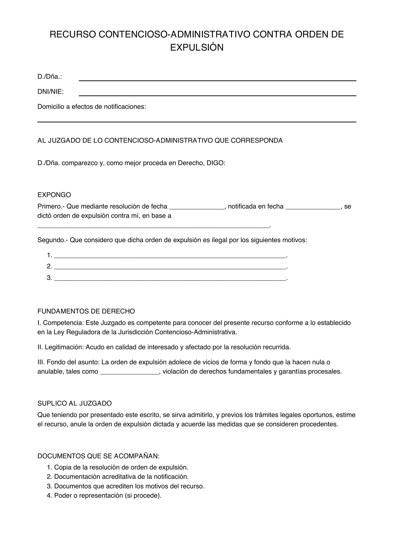 Modelo Recurso Contra Orden De Expulsión