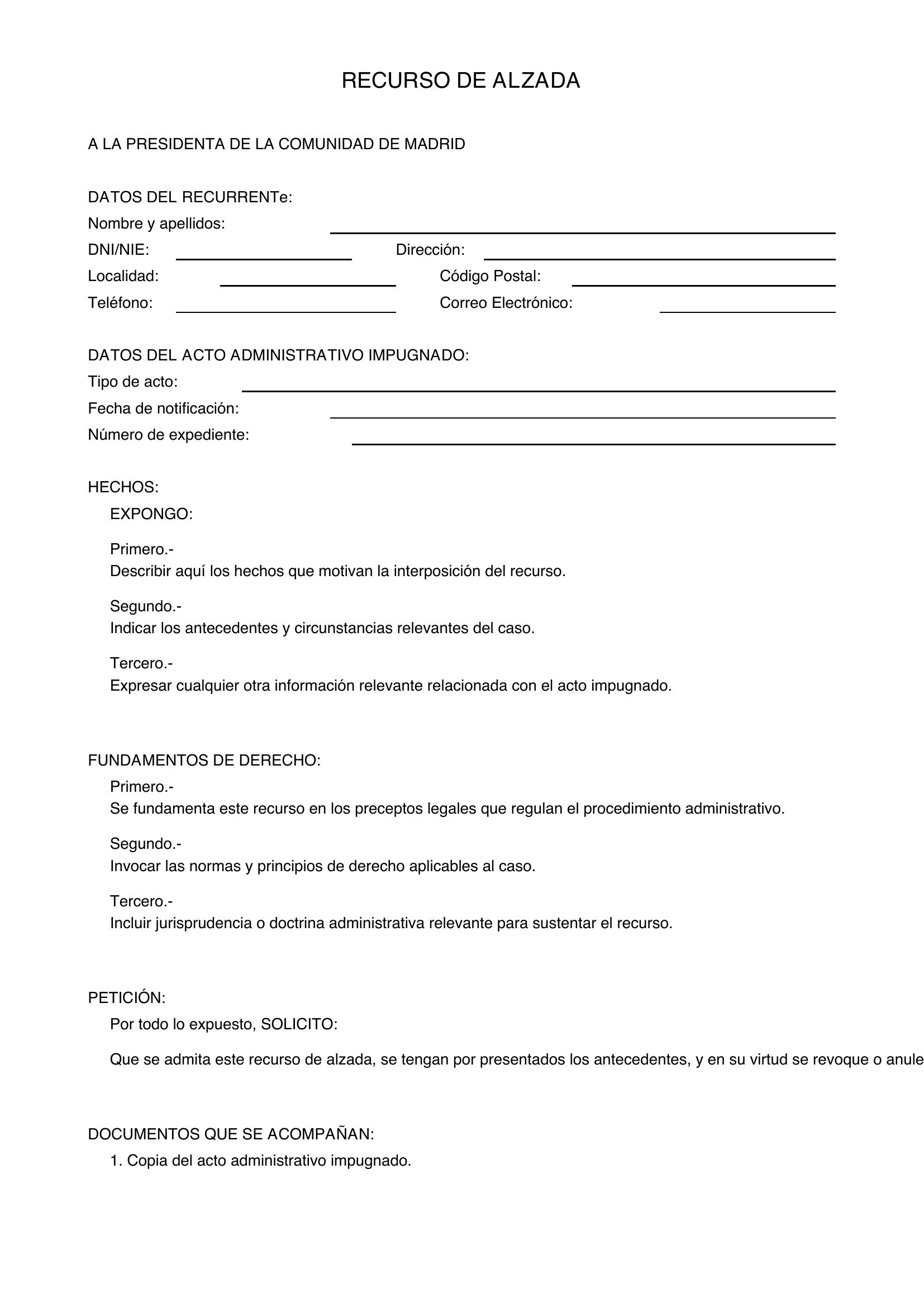 Recurso De Alzada Comunidad De Madrid Modelo