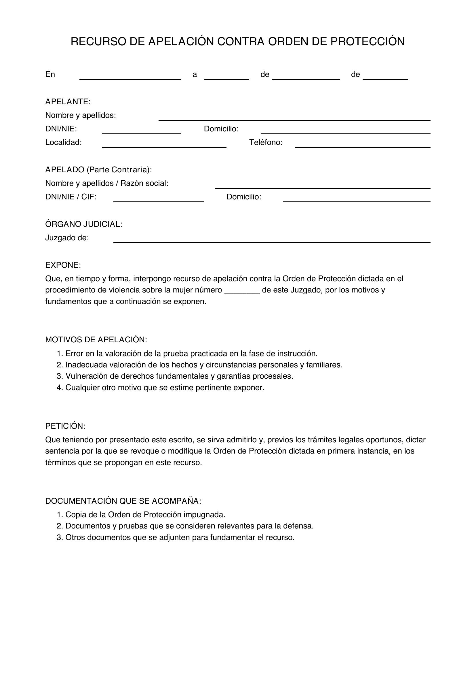 Modelo Recurso De Apelación Contra Orden De Protección
