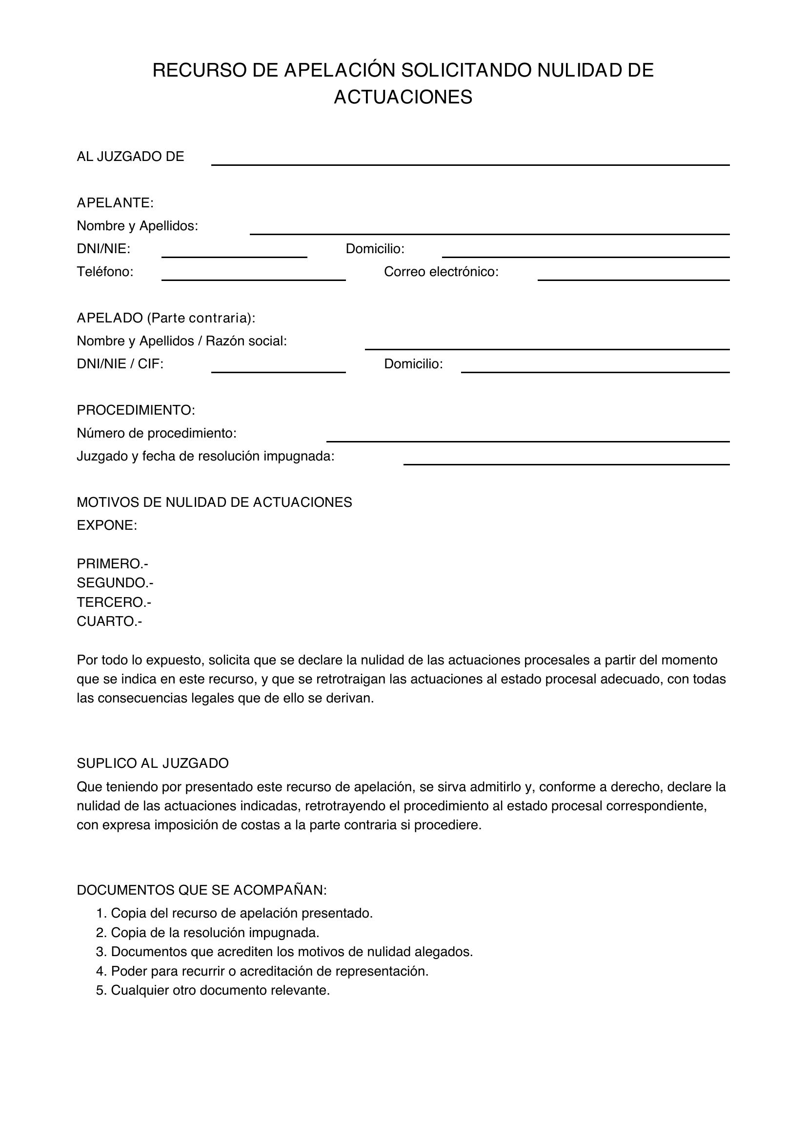 Modelo De Recurso De Apelación Solicitando Nulidad De Actuaciones