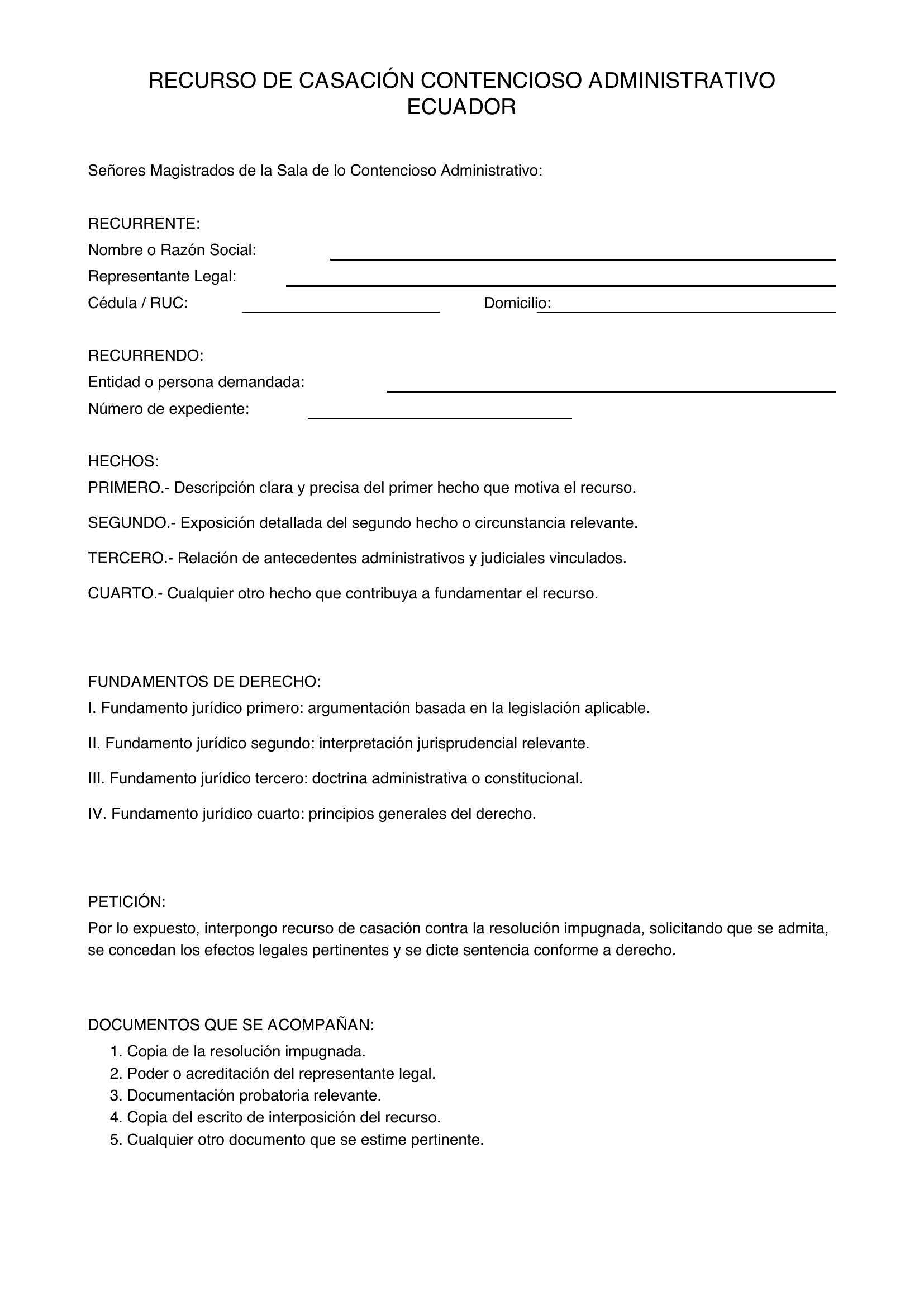 Modelo De Recurso De Casación Contencioso Administrativo Ecuador