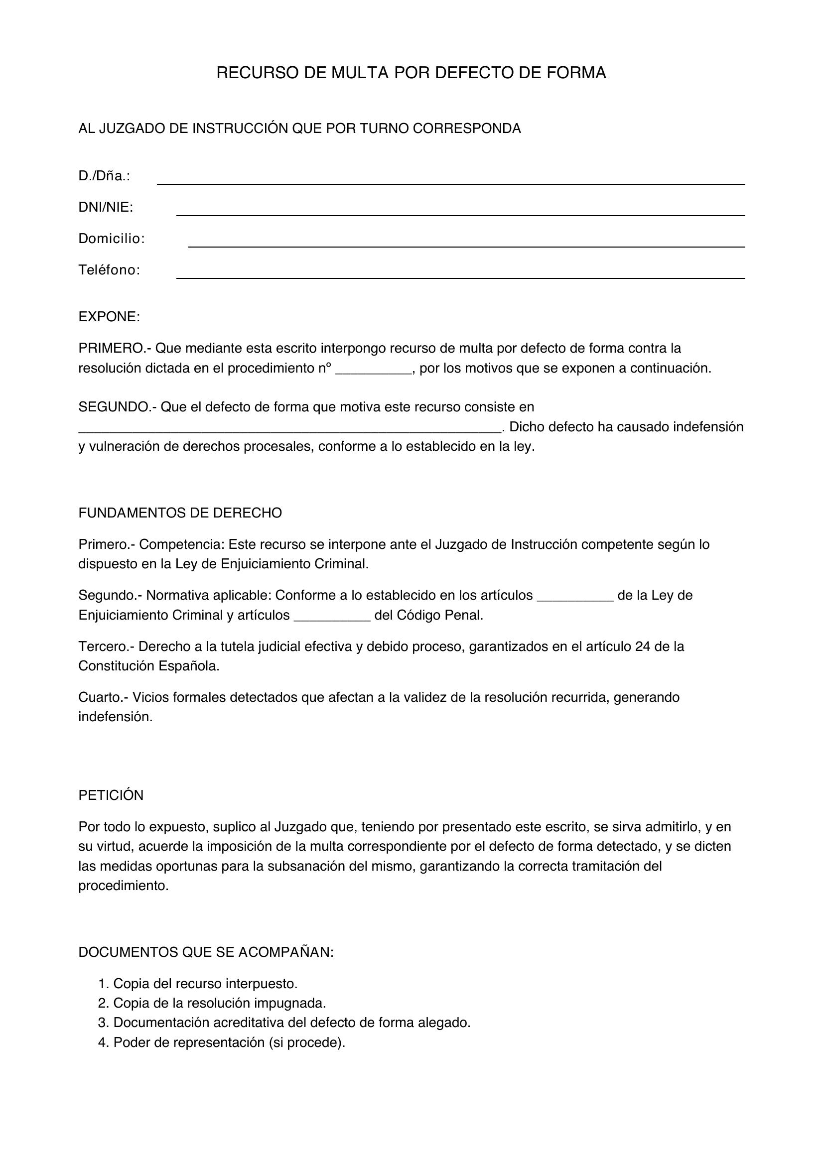 Modelo Recurso De Multa Por Defecto De Forma