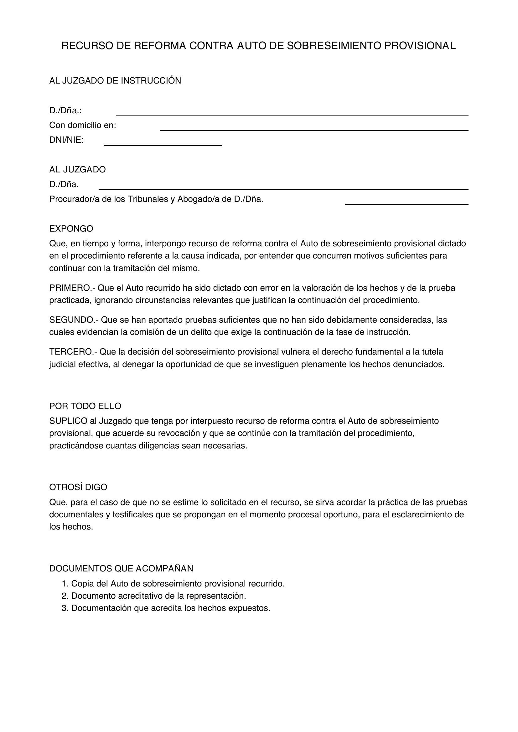 Modelo Recurso De Reforma Contra Auto De Sobreseimiento Provisional