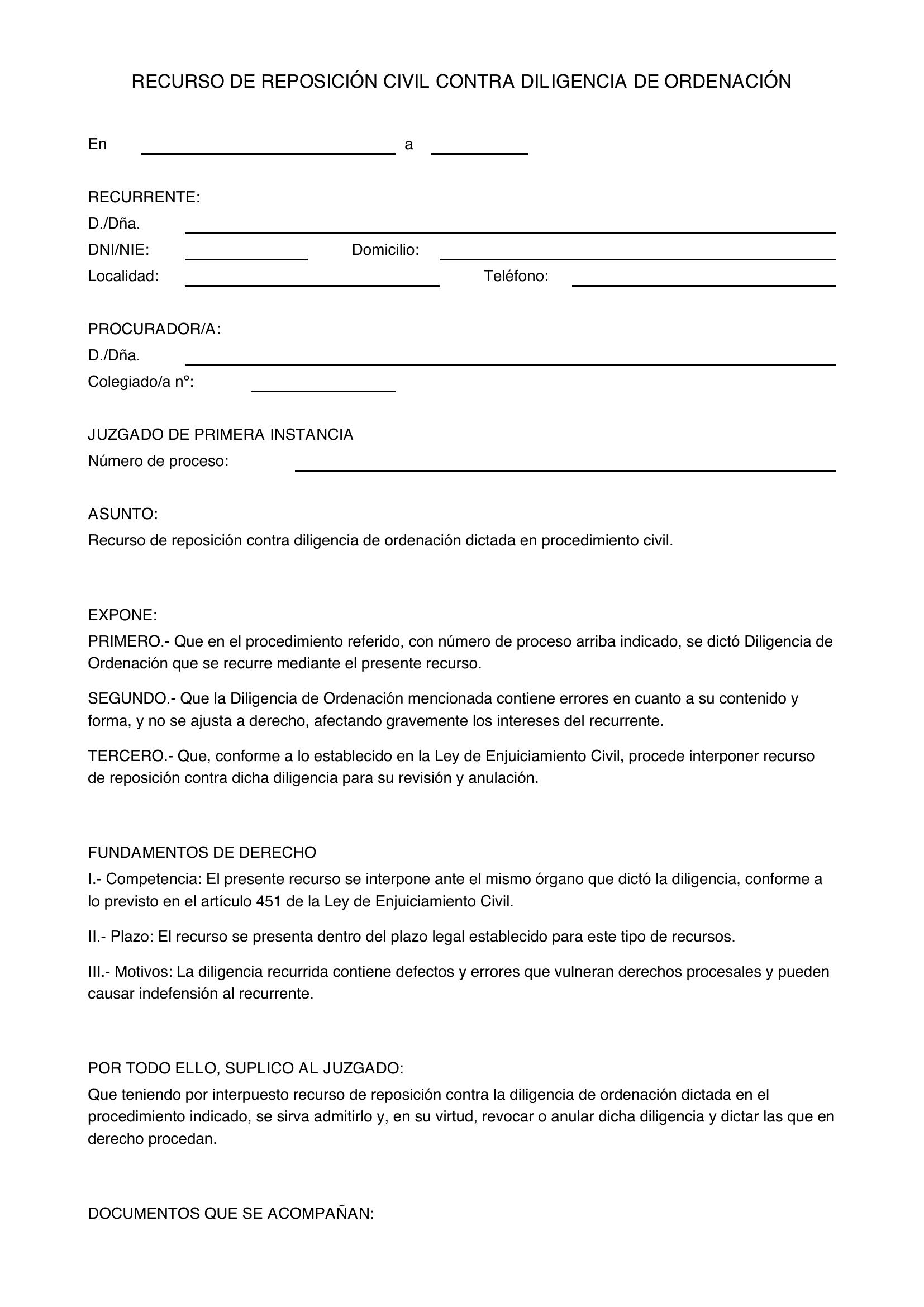 Modelo Recurso De Reposición Civil Contra Diligencia De Ordenación