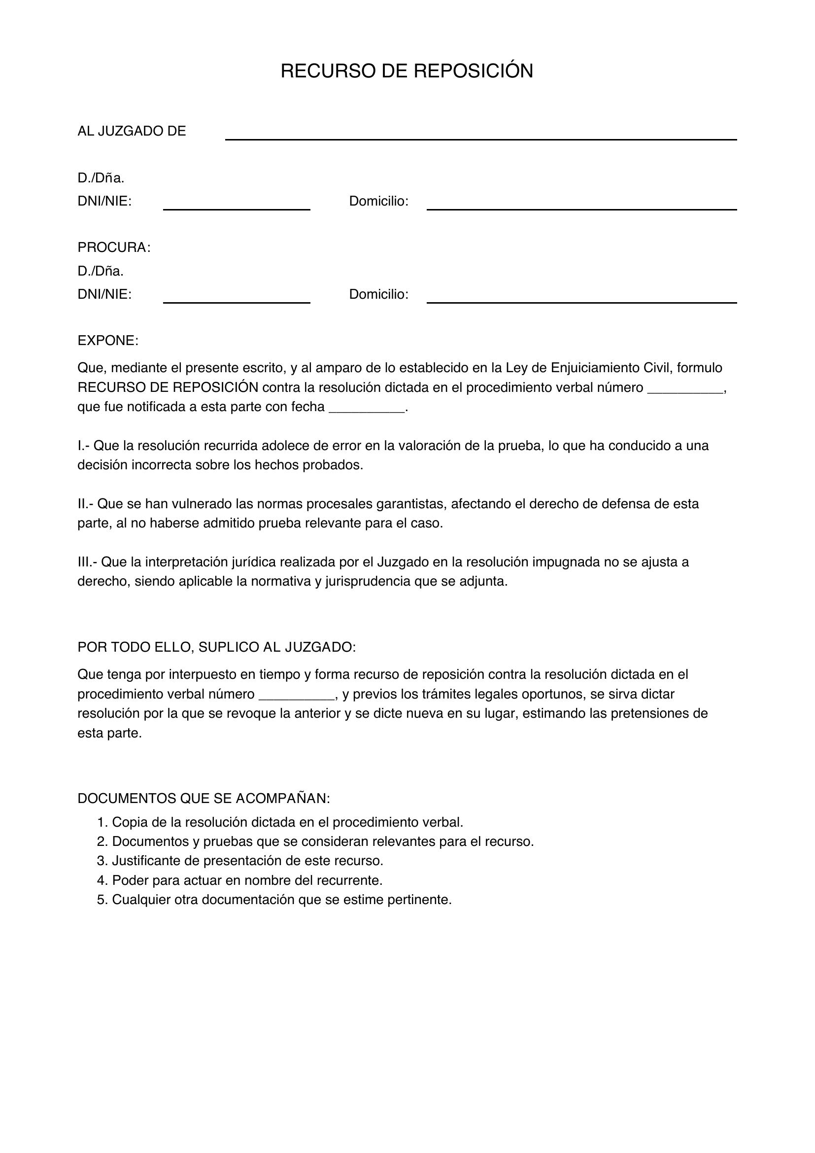 Modelo Recurso De Reposición Juicio Verbal