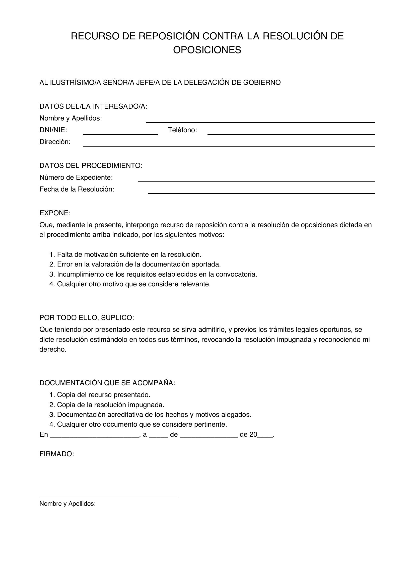 Modelo Recurso De Reposición Oposiciones
