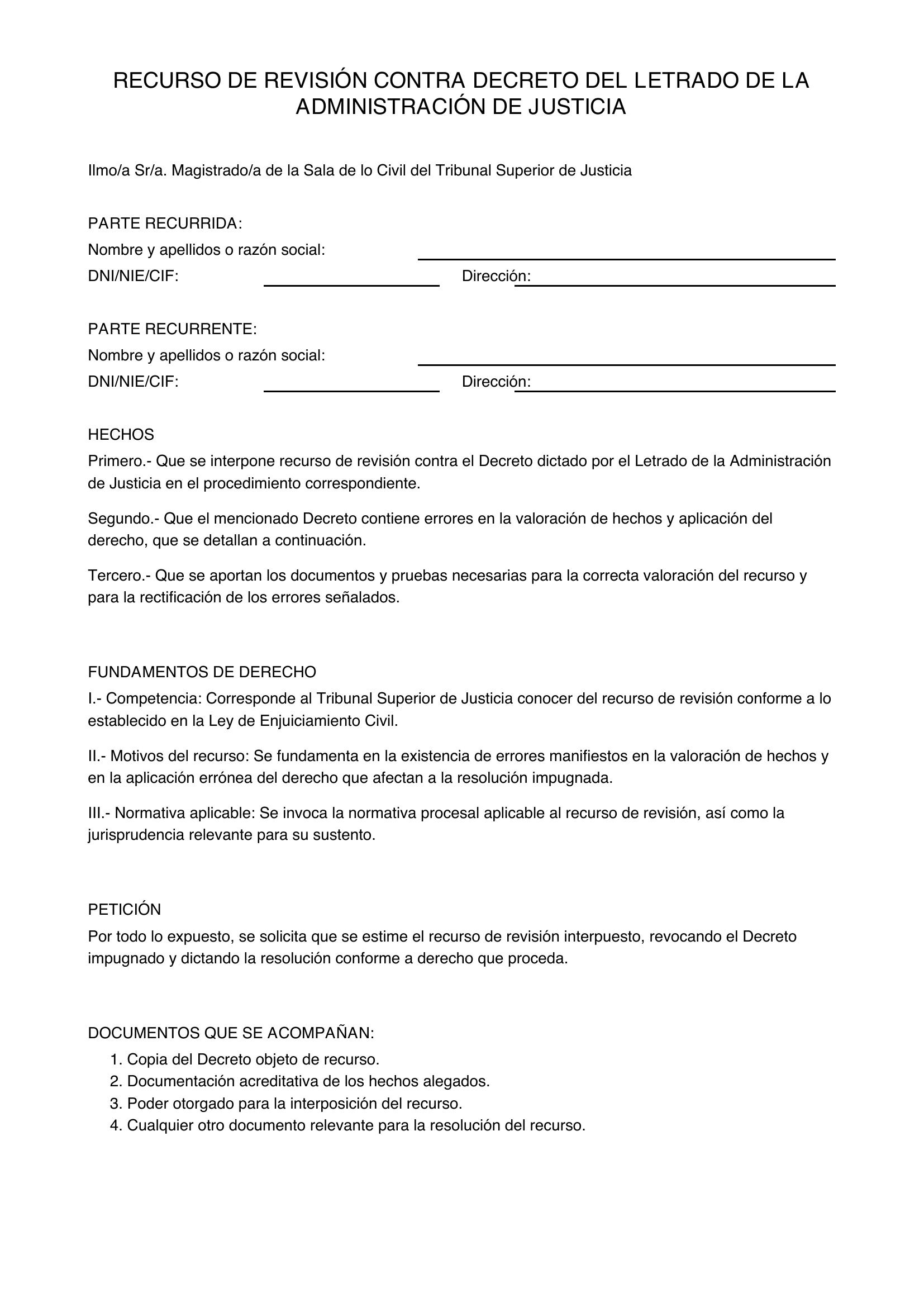 Modelo Recurso De Revisión Contra Decreto Del Letrado De La Administración De Justicia