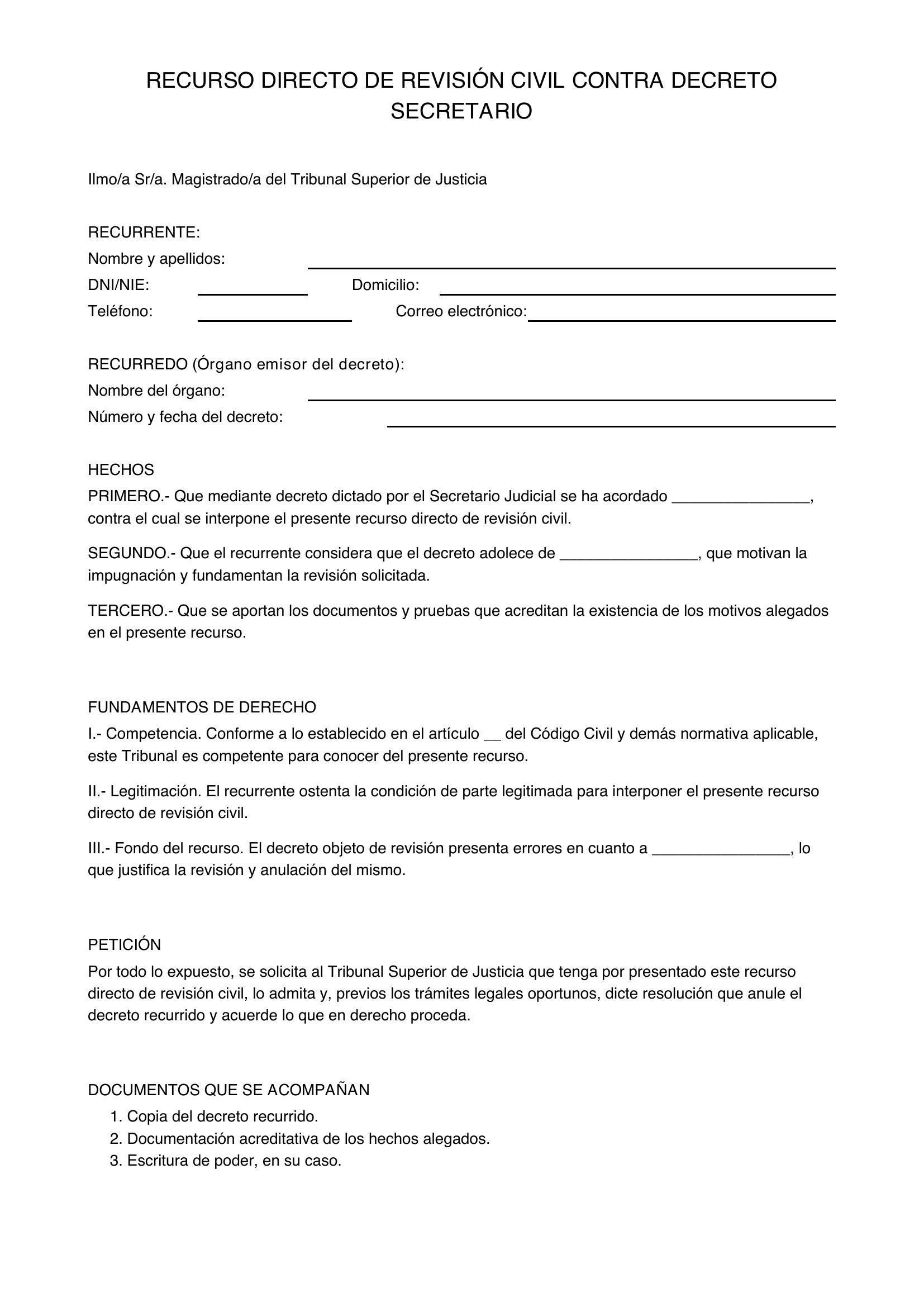 Modelo Recurso Directo De Revisión Civil Contra Decreto Secretario
