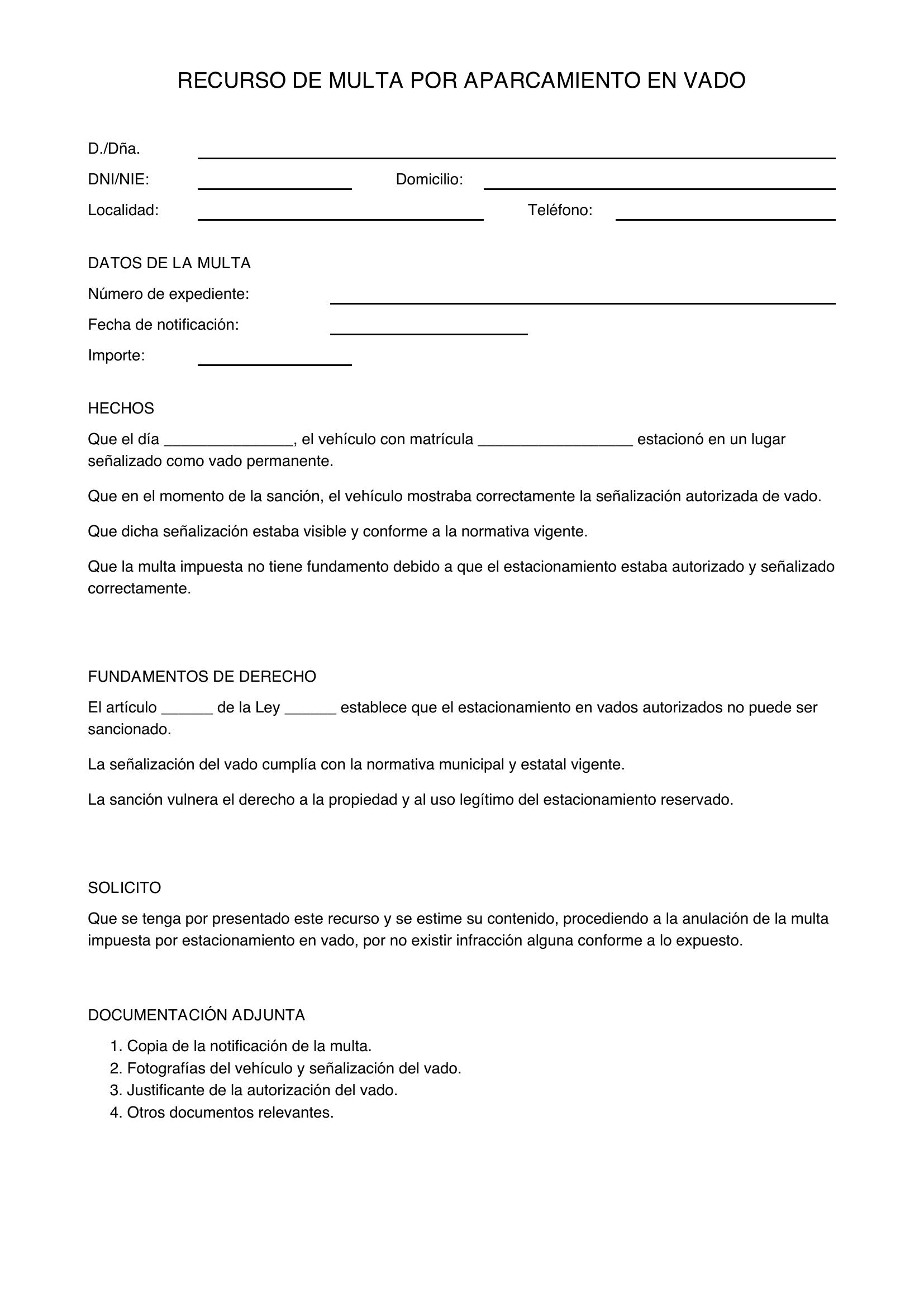 Modelo Recurso Multa Aparcamiento Vado