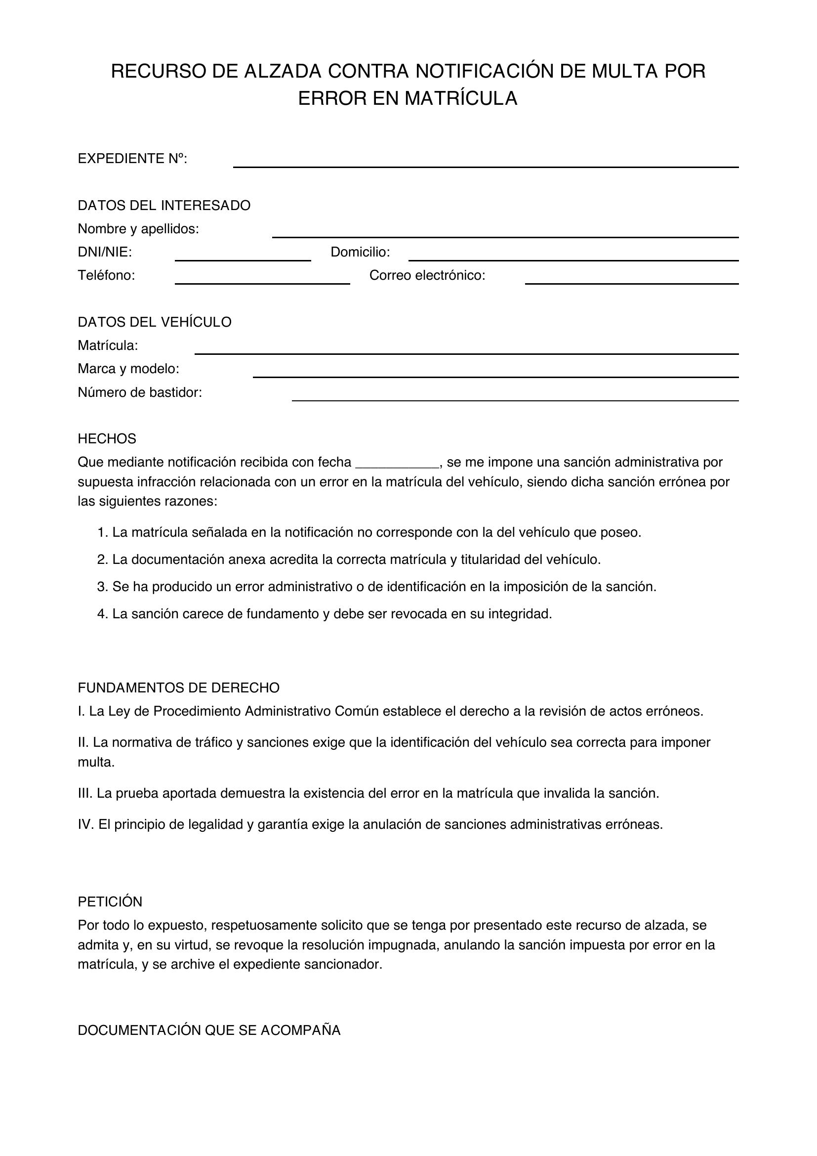 Modelo Recurso Multa Error Matrícula
