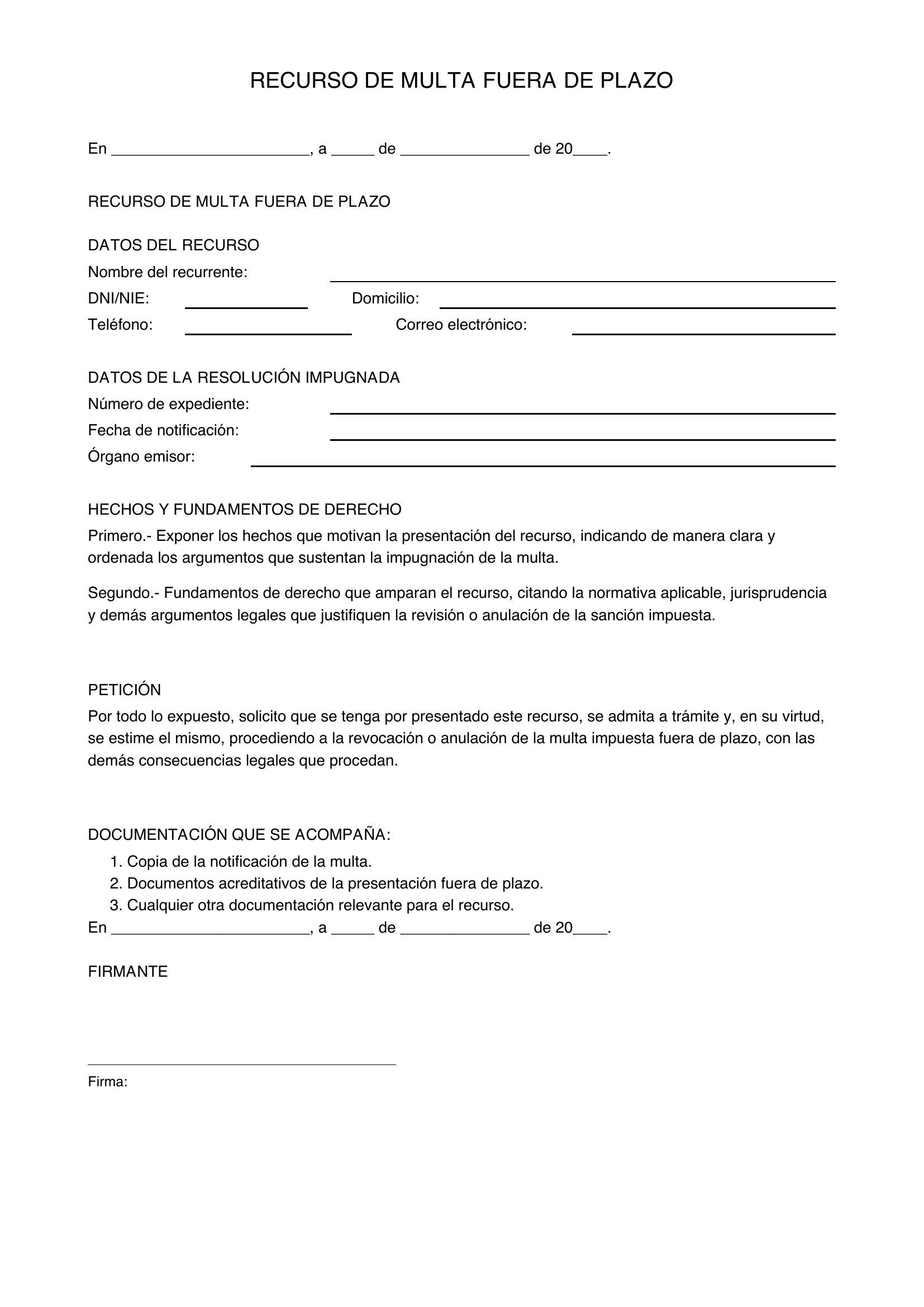 Modelo Recurso Multa Fuera De Plazo