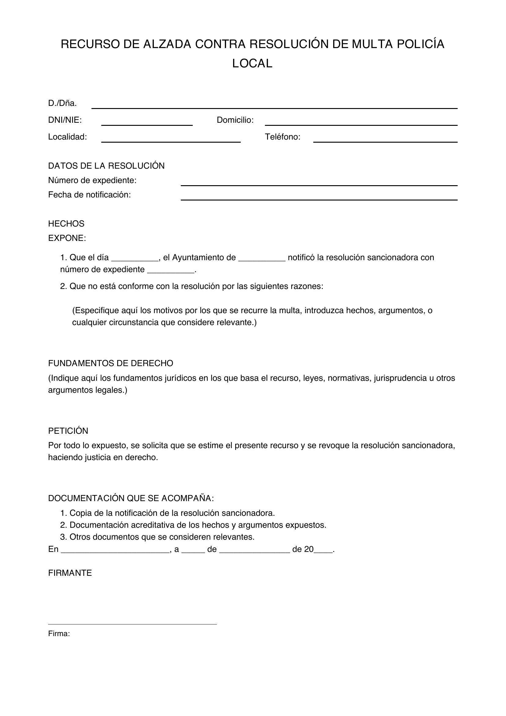 Modelo Recurso Multa Policía Local
