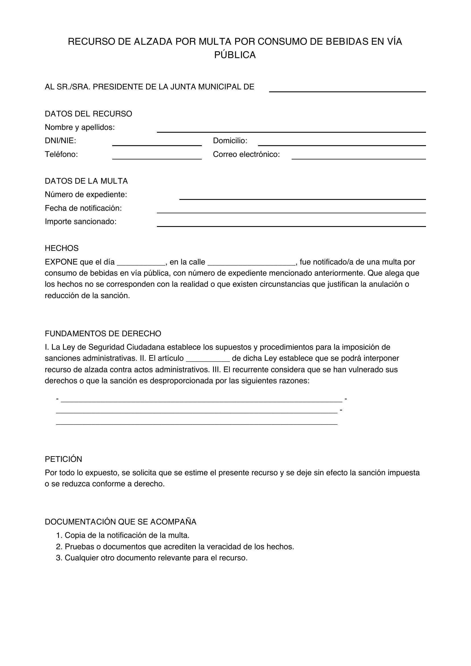 Modelo Recurso Multa Por Beber Vía Pública
