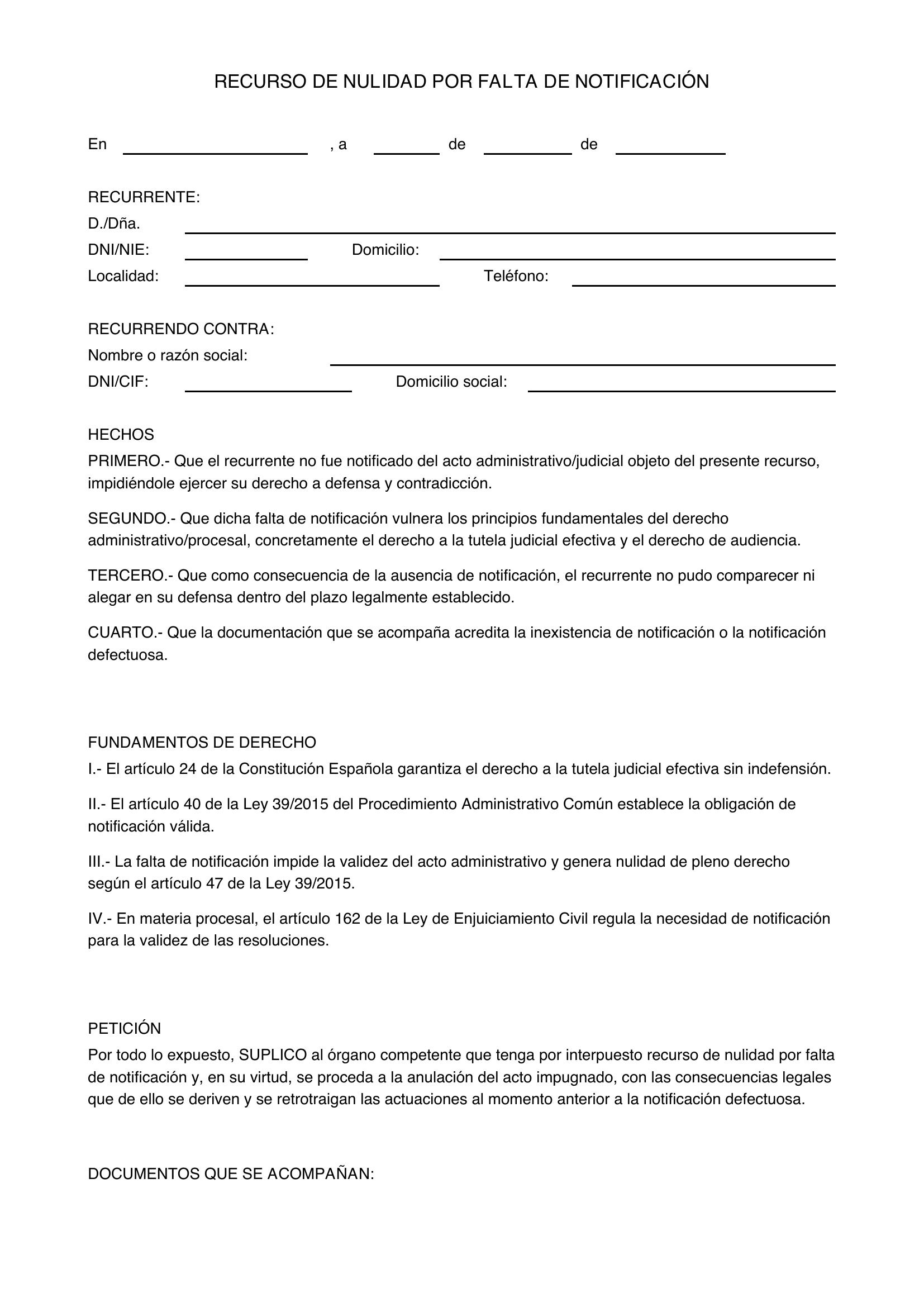 Modelo Recurso Por Falta De Notificación