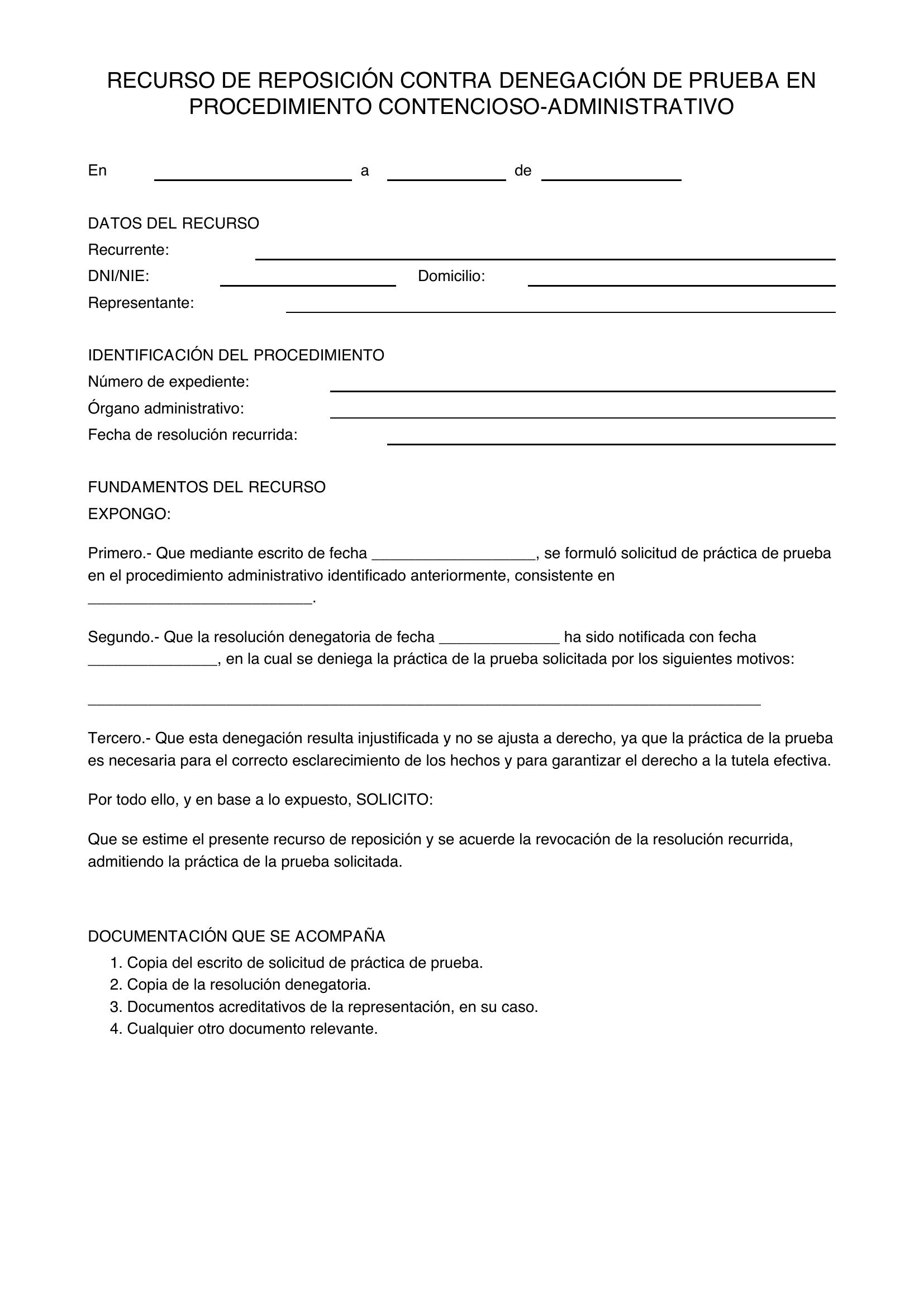Modelo Recurso Reposición Denegación Prueba Contencioso-Administrativo